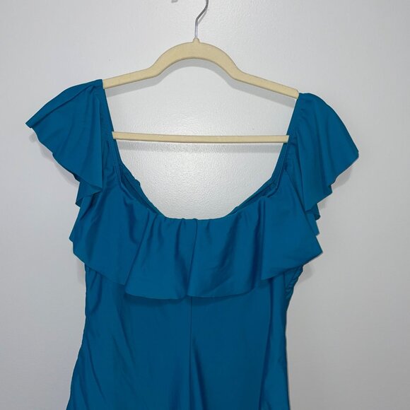 Time & Tru Women's XL Ruffled Blue One-Piece Swimsuit - Picture 5 of 6
